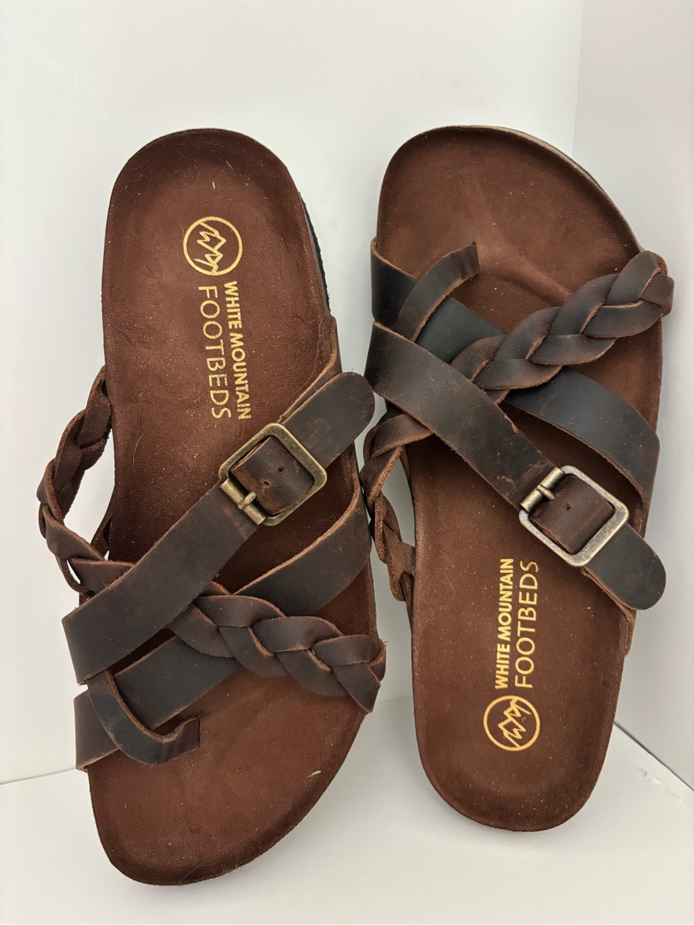 White Mountain Brown Braided Leather Slide Sandals